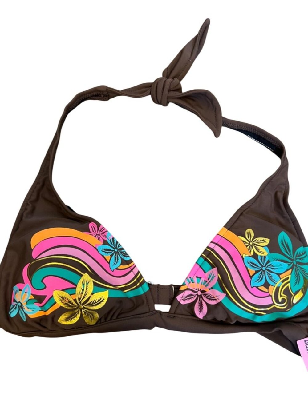 Brown Surfside Womens Bikini Top With Tropical Floral & Rainbow Print Adjustable
